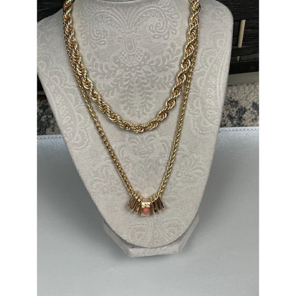 Nordstrom Gold-Tone 2‎ Layer Rope Chains Peach Detail Pendant Necklace